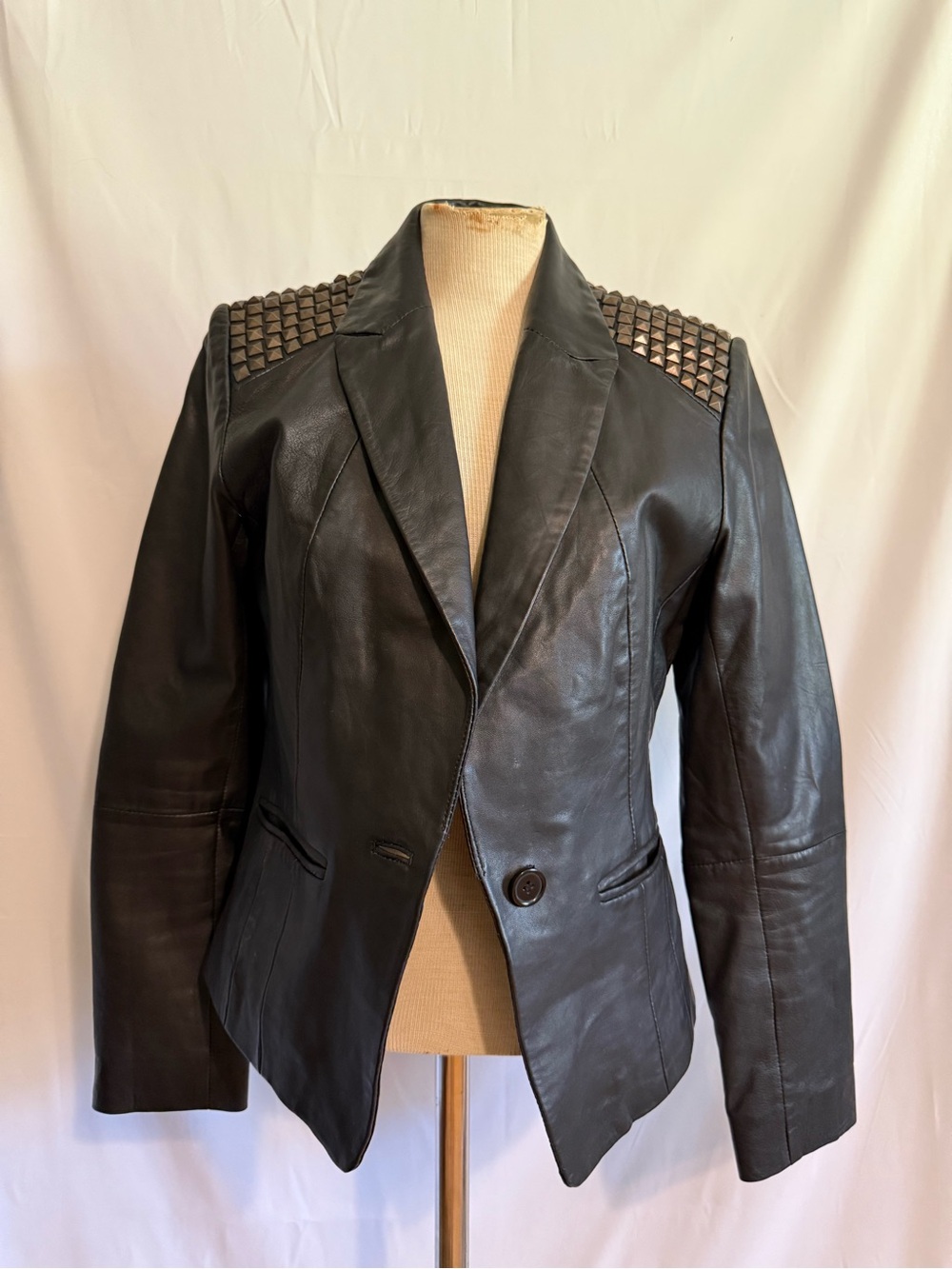 Cache Black Leather Blazer with Studded Shoulders
